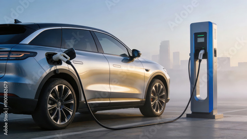A futuristic blue electric vehicle charges at a charging station against a city skyline background, presenting a tech-savvy scene of eco-friendly travel, making it a material image suitable for new en