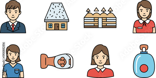 Flat people avatar and service icon set with house, factory building and product bottle elements isolated on white background for business and community design projects