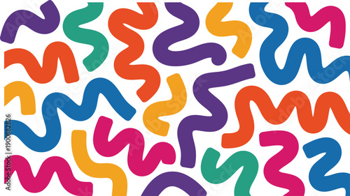 A bold and energetic pattern comprised of numerous colorful squiggly lines in purple, orange, blue, pink and green