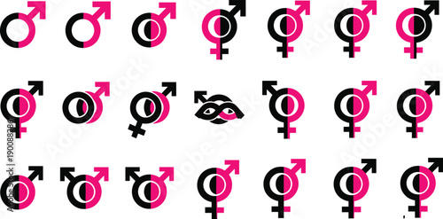 Gender symbol icon set with male, female and transgender signs in modern flat style isolated on white background for social awareness and identity design projects