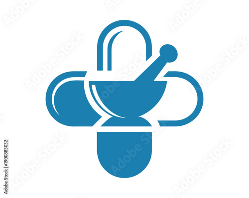 A blue pharmacy logo with a mortar and pestle surrounded by pills on a white background