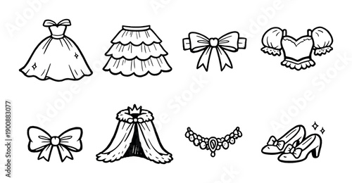 Fashion elements: elegant dresses, accessories, and shoes in black and white design