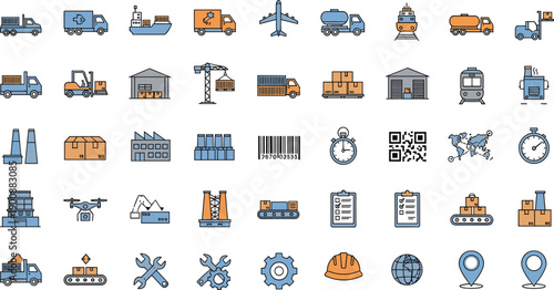 Logistics, transportation and industrial icon set with shipping, warehouse, factory, delivery truck and supply chain symbols isolated on white background vector collection