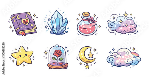 Whimsical magic elements: crystal, potion, star, moon, clouds, and enchanted rose