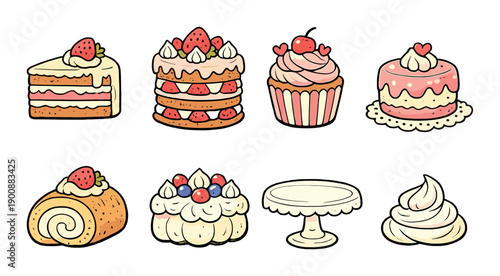Assorted colorful cakes and desserts with cream, strawberries, and cherries