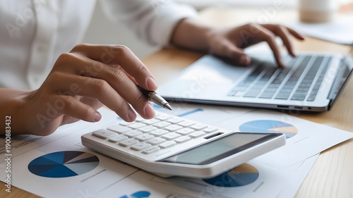 A person calculating financial data on a calculator with graphs and laptop nearby