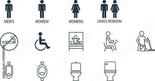 Public restroom signage icon set with men, women, unisex, accessibility, hygiene and toilet symbols isolated on white background for wayfinding and facility design