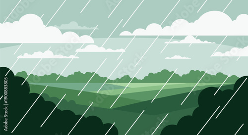 Abstract vector illustration of a rainy landscape with green rolling hills and stormy clouds