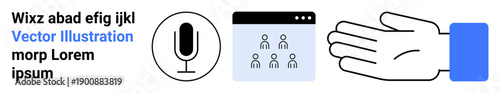 Communication, technology, collaboration, online meetings, remote work, digital tools. A microphone, online meetings interface and open hand graphic. Communication and technology concept