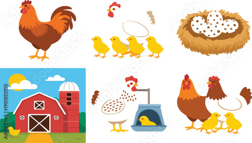 Cartoon Farm Animals Vector Set – Hen, Rooster, Chicks, and Eggs