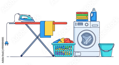 Laundry room vector illustration showing clothes and ironing board, vector art
