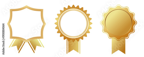 vector illustration: set of various shiny golden award badges with ribbon for premium product signs and luxury label frames isolated on white or transparent png