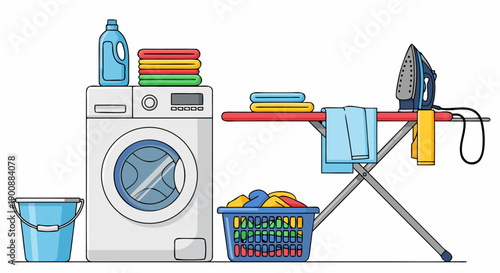 Clean laundry vector illustration with washing machine, ironing board, and basket of clothes