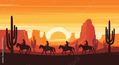 A captivating vector illustration of cowboys riding horses through a desert landscape at sunset, evoking the spirit of the Wild West