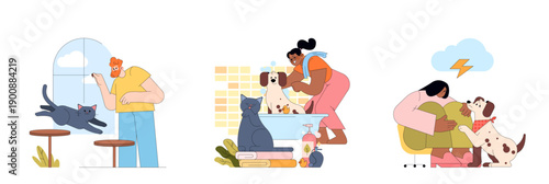 Playful Puppy Bath and Cozy Cat Cuddle Vector Illustration