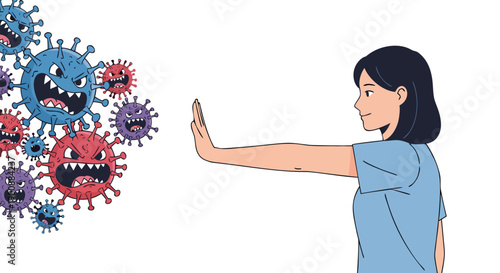 Vector illustration of a woman defending herself from the virus with a hand gesture
