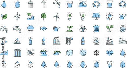 Water conservation and renewable energy icon set with eco sustainability, recycling, climate, clean technology and environmental protection symbols isolated vector collection