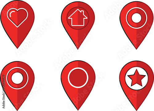 Red map location pin icon set with heart, home, target and favorite symbols for navigation, mobile app interface and geographic marker design isolated vector collection