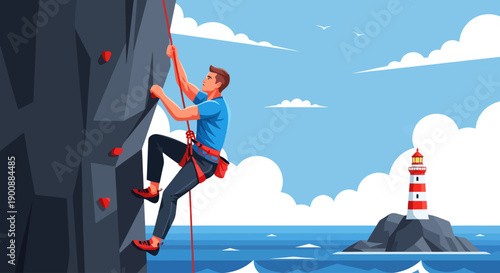 Suspended above the azure waves, a climber in blue scales a formidable grey cliff, his red rope trailing down towards a picturesque seascape featuring a striped lighthouse on a rocky island