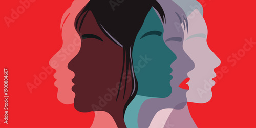 Layered female face silhouettes showing identity, diversity, psychology and mental health concept illustration
