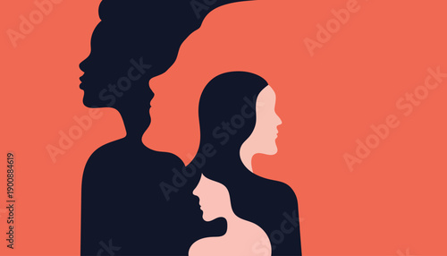 Female silhouette with shadow profile symbolizing identity, inner self, psychology and mental health concept