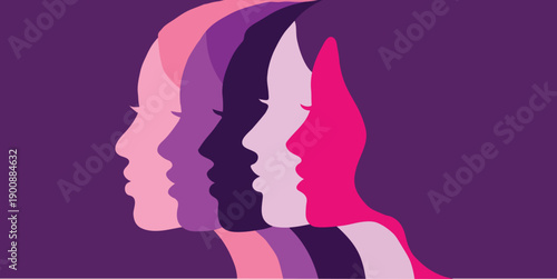Multiple female profiles in silhouette representing identity, diversity, psychology and mental health concept