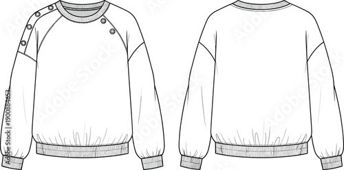 Women's Oversized Raglan Sweatshirt Technical Fashion Illustration with Shoulder Snap Buttons Front and Back Vector