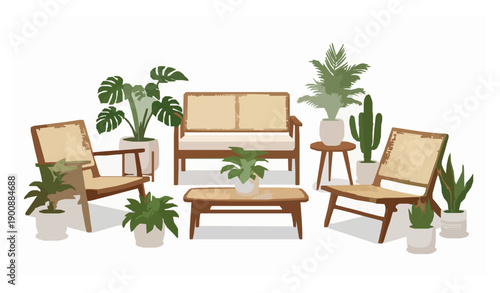 Natural Wood and Rattan Furniture with Indoor Plants Contemporary Vector Set