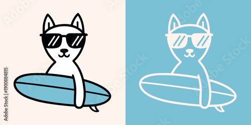 Dog surfing funny surf animal cool pet surfer wearing sunglasses and holding a surfboard outline drawing. Beach sport instructor fun kids class retro vintage blue aesthetic minimal illustration print.