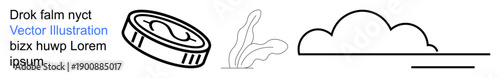 Finance, nature, weather, sustainability, growth, modern . Minimal line art of a coin, plant and cloud. Finance and sustainability ideas reflected through clean abstract lines