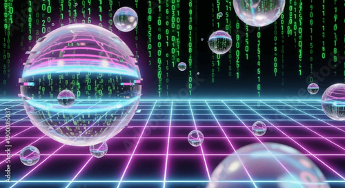 Futuristic neon grid with glowing spheres and binary code background