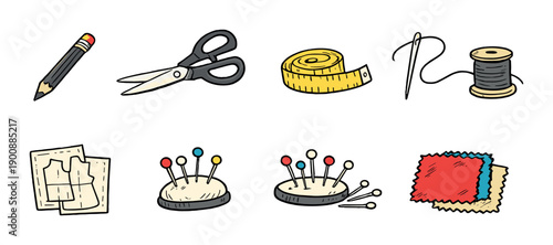 Sewing tools collection with pencil scissors measuring tape needle thread and fabric swatches