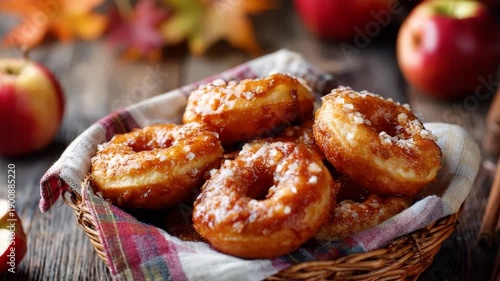 Fresh glazed apple cider donuts in basket with autumn decor on rustic wood table. Apple cinnamon donuts in a basket lined with fall-print napkin, autumn treat concept with apples and leaves