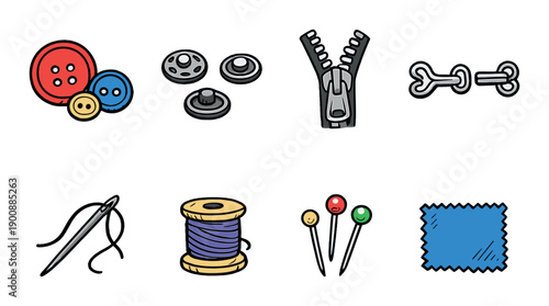 Colorful sewing accessories with buttons, zipper, needle, thread, and pins
