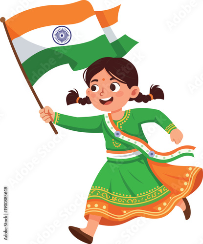 Indian Girl Waving Indian Flag Independence Republic Day