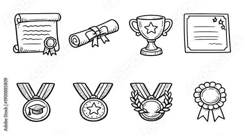 Hand-drawn award illustrations featuring medals, trophies, and diplomas on dark background