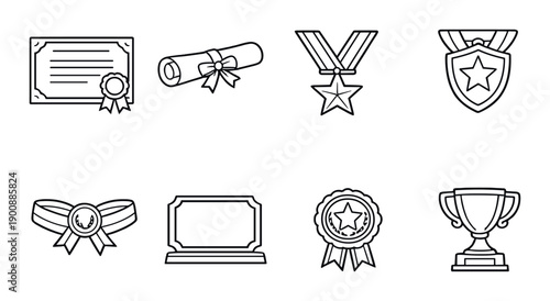 Monochrome award icons set: medals, trophies, certificates, ribbons