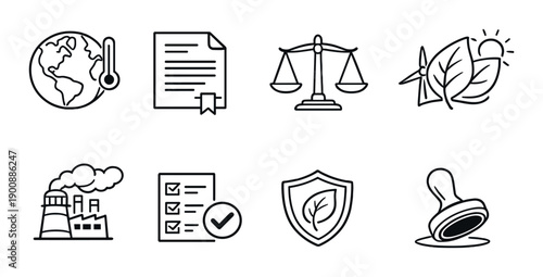 Environmental and legal icons set on climate change and sustainability