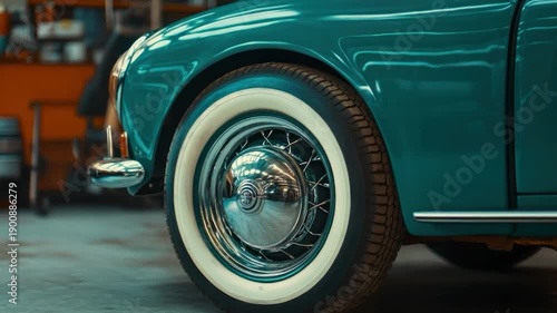 Close-up of a teal classic car's front with a whitewall tire and chrome hubcap reflecting the interior