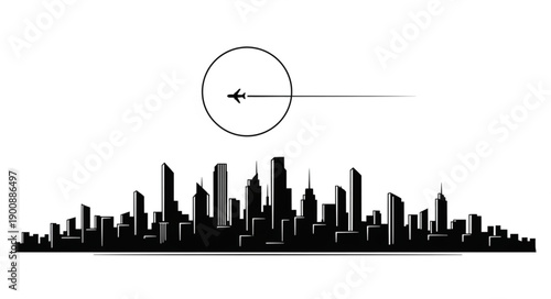 Silhouette of a modern city skyline with an airplane flying across the moon.