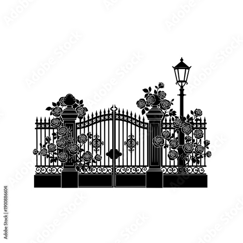 Antique iron fence with street light and roses black silhouette vector