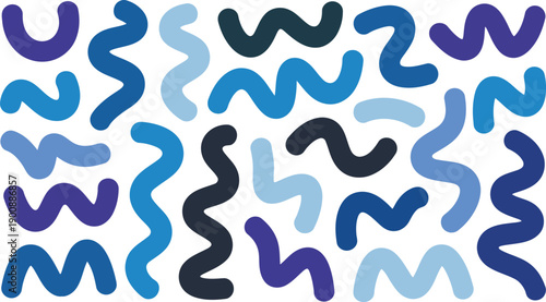 An assortment of fluid wavy and squiggly shapes appear in different shades of blue on a clean white space