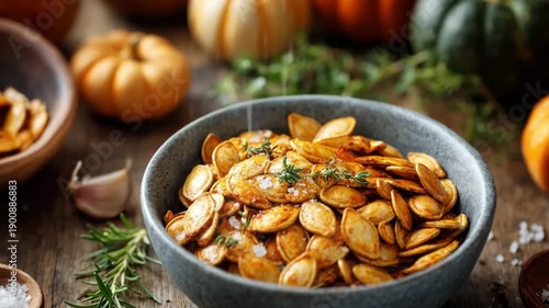 Bowl of roasted salted pumpkin seeds garnished with rosemary on rustic table. Bowl of roasted pumpkin seeds with sea salt and herbs, wooden table with fall decorations