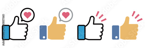 SNSやレビューに最適なハートと輝き付き「いいね」サムズアップのベクターアイコンセット