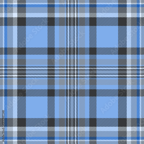 Classic plaid pattern in cool blues, greys  white. Versatile textile design. Perfect for backgrounds, fashion, or lifestyle projects needing a traditional touch.