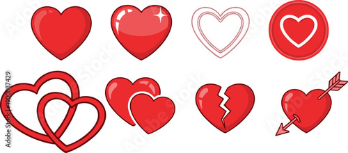Red heart icons collection, romantic love symbols, broken heart vector, passion design artwork, valentine graphic illustration, emotional affection holiday romance art