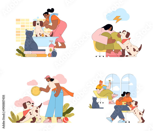 Caring for Pets Vector Illustration with Joyful Actions