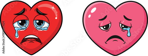 Sad crying red and pink heart character set, broken heart concept of loneliness, grief, relationship breakup, and emotional mental health pain