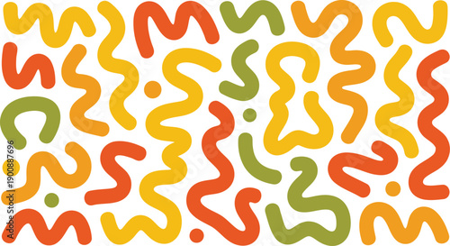 This bright image presents a joyful mix of winding lines and small dots in warm earthy colors on a light surface