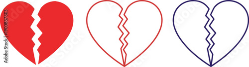Set of broken heart vector icons in flat and outline styles for divorce, breakup, relationship crisis, and emotional sadness design